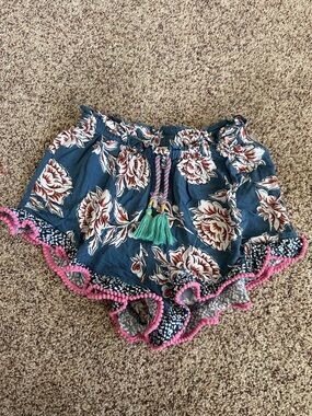 Matilda Jane Navy Floral Shorts with Pink Pom Trim & Teal Tassels. Girls Size 12